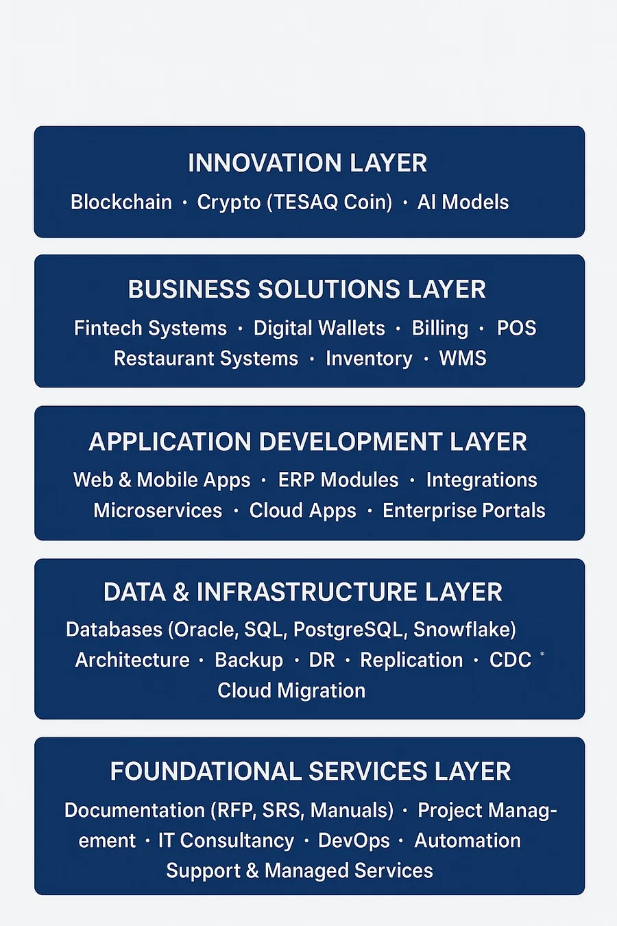 TESAQ service layers: foundational services, data and infrastructure, application development, business solutions and the innovation layer including AI models.