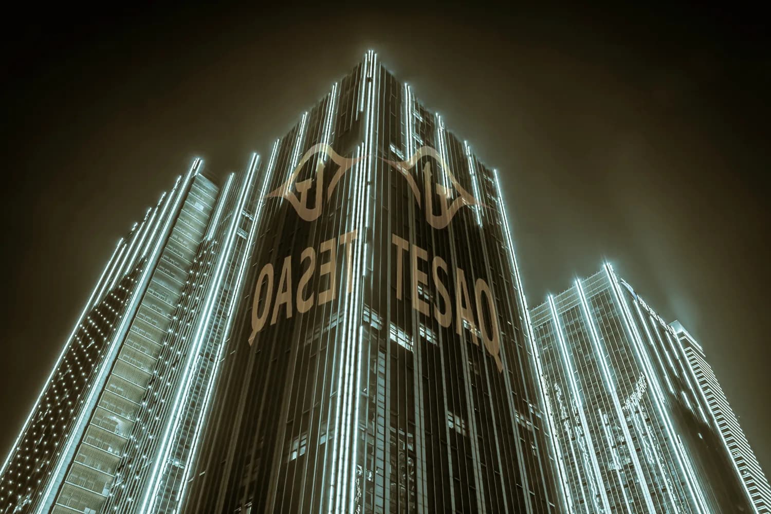 A modern office tower lit at night, carrying the TESAQ name.